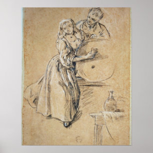 Wine-pourer with a Young Man (chalk) card Poster