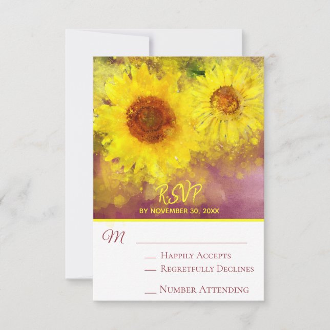 ~*  Wine Purple Rustic  Sunflower  Wedding RSVP (Front)