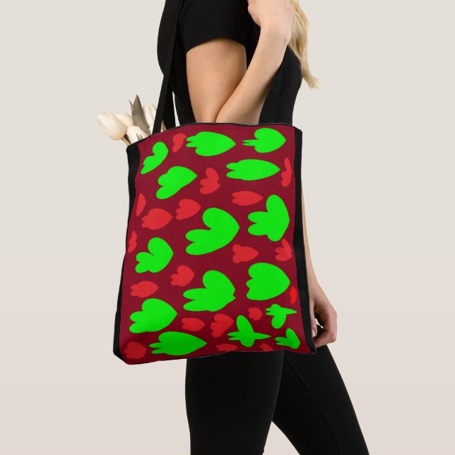 Wine red and lime green patterned tote bag (Close Up)