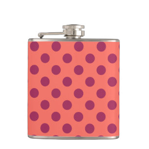 Wine red and living coral polka dots hip flask