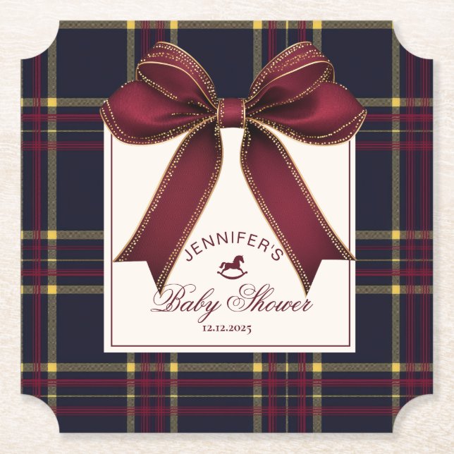 Wine Red Bow Rocking horse plaid Baby Shower Paper Coaster (Front)