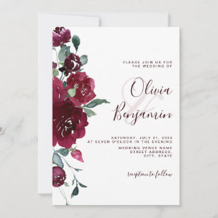 Wine Red Burgundy Marsala Floral Wedding  Invitation