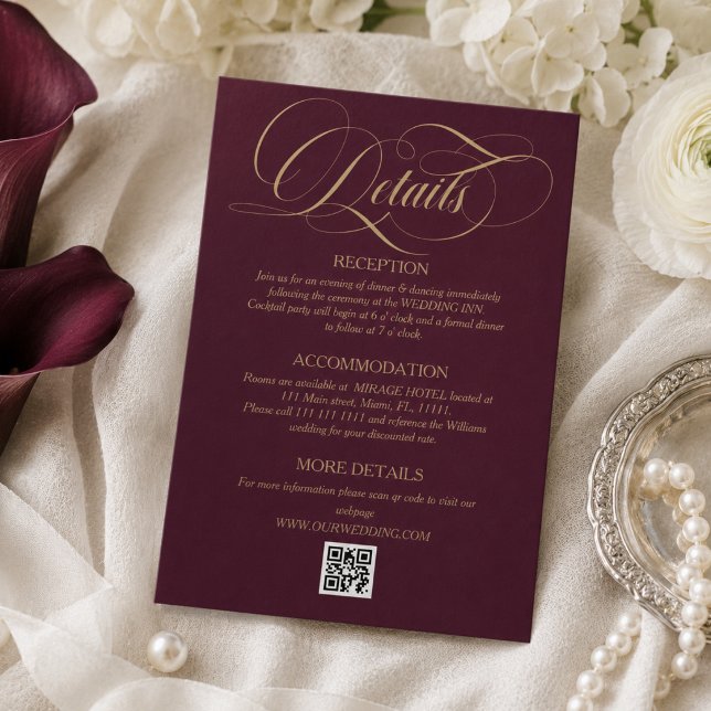 Wine Red Elegant Script Wedding Details Enclosure Card (Creator Uploaded)