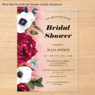 Wine Red Floral Bridal Shower Acrylic Invitations