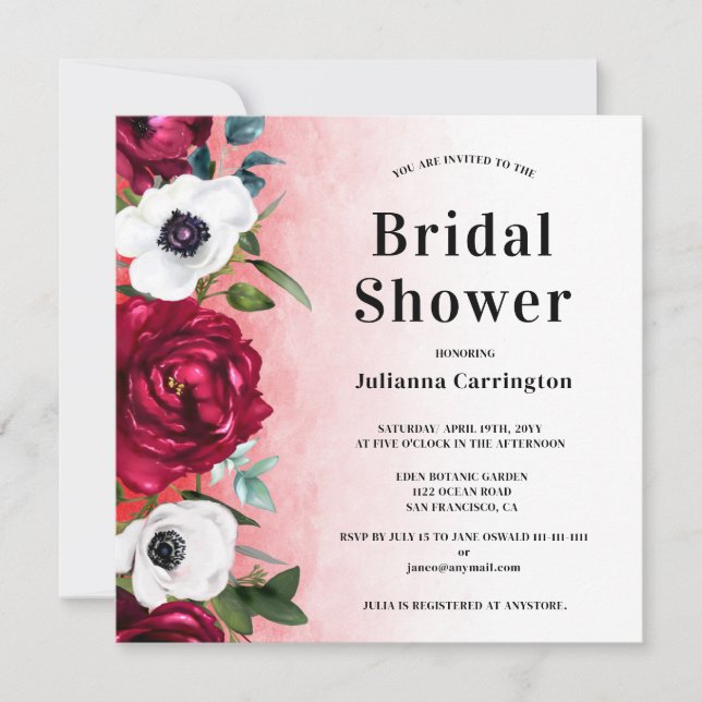  Wine Red Floral Square Bridal Shower Invitation (Front)