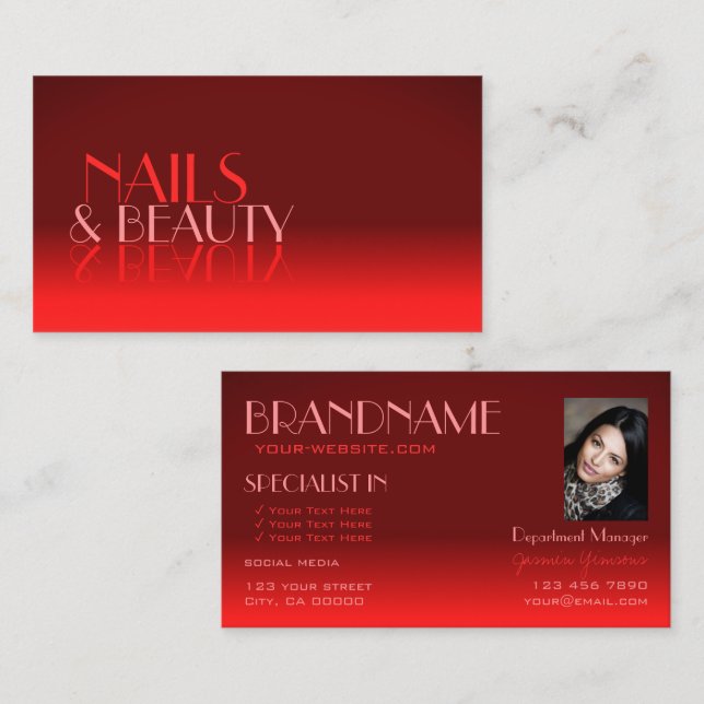 Wine Red Gradient Mirror Font Classic Photo Modern Business Card (Front/Back)