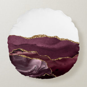 Wine Red Marble Agate Golden Glitter Stylish Glam Round Pillow