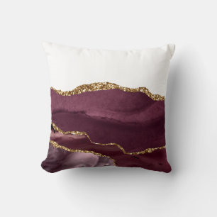 Wine Red Marble Agate Golden Glitter Stylish Glam Throw Pillow