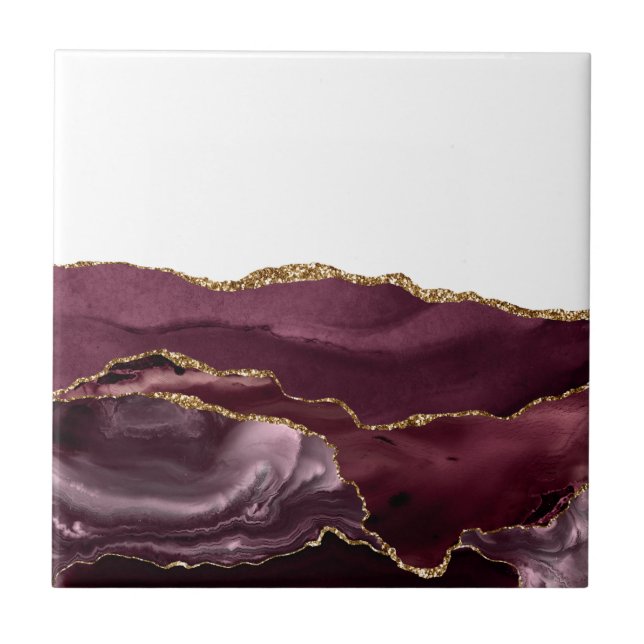 Wine Red Marble Agate Golden Glitter Stylish Glam Tile (Front)