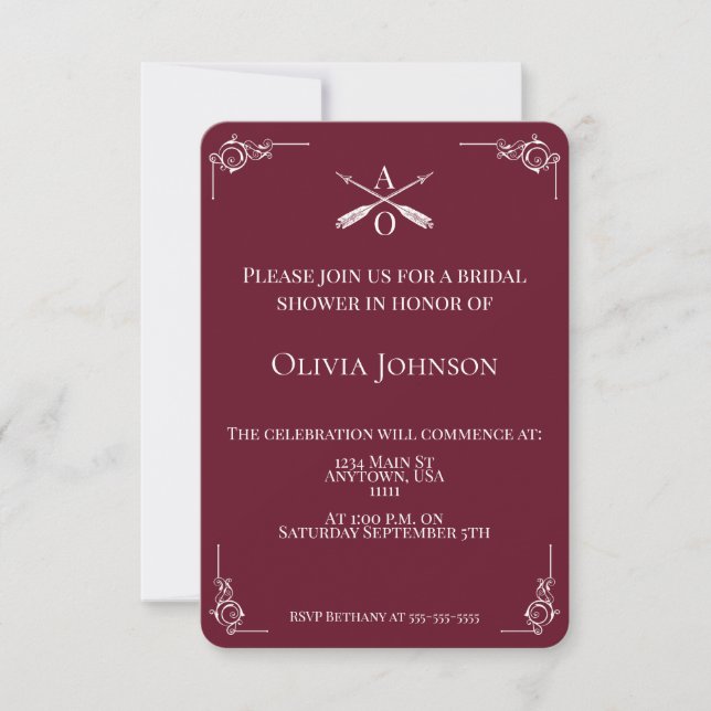 Wine Red Monogram and Arrows Bridal Shower Invitation (Front)