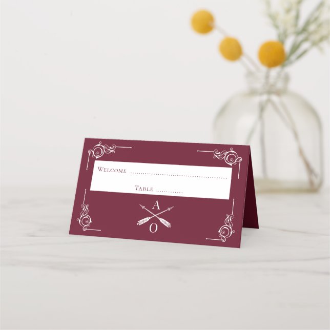 Wine Red Monogram and Arrows Reception Place Card (Front)