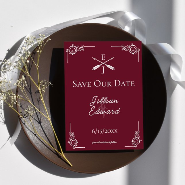 Wine Red Monogram and Arrows Save The Date Announcement (Wine Red Monogram and Arrows Save the Date)