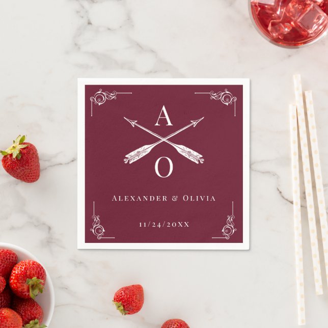Wine Red Monogram and Arrows Wedding Napkin (Insitu)