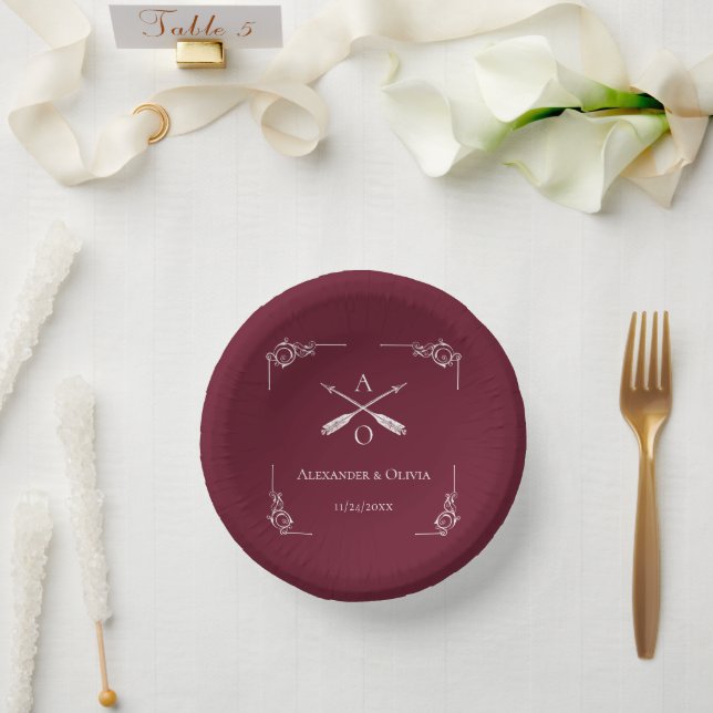 Wine Red Monogram and Arrows Wedding Paper Plate (Wedding)