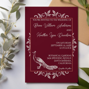 Wine Red Peacock Flourish Wedding Invitation