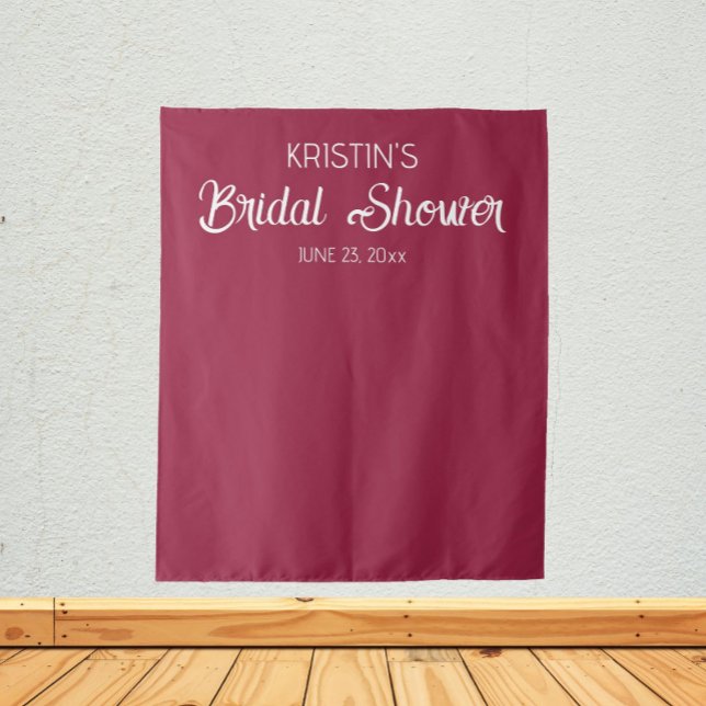 Wine Red Personalized Bridal Shower Photo Backdrop Tapestry (In Situ)