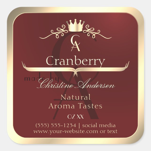 Wine Red Product Label with Gold Frame Monogram (Front)