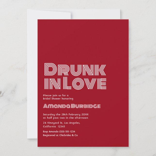 Wine Red Script Drunk in Love Retro Bridal Shower Invitation (Front)