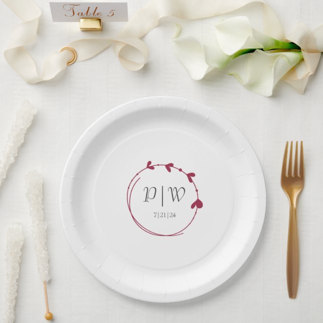 Wine Red Simple Heart Wreath Monogram Wedding Paper Plate (Wedding)