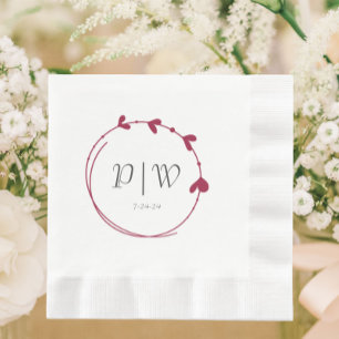 Wine Red Simple Monogram Heart Wreath Wedding Napkin