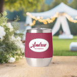 Wine Red Stylized Name Wedding Groomsman<br><div class="desc">Gift your wedding groomsman with this trendy and personalized, stainless steel wine tumbler with his name in stylized script inside a white, oval design. Background colour and script is a wine red. Personalize your wine tumbler by editing and replacing name with desired name. Available in many, popular wedding colour schemes....</div>