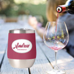 Wine Red Stylized Wedding Groomsman Name<br><div class="desc">Gift your wedding groomsman with this trendy and personalized, stainless steel wine tumbler with his name in stylized script inside a white, oval design. Background colour and script is a wine red. Personalize your wine tumbler by editing and replacing name with desired name. Available in many, popular wedding colour schemes....</div>