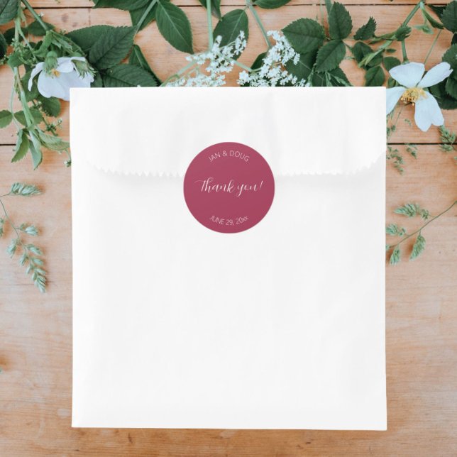 Wine Red Stylized Wedding Thank You Classic Round Sticker (In Situ Wedding)