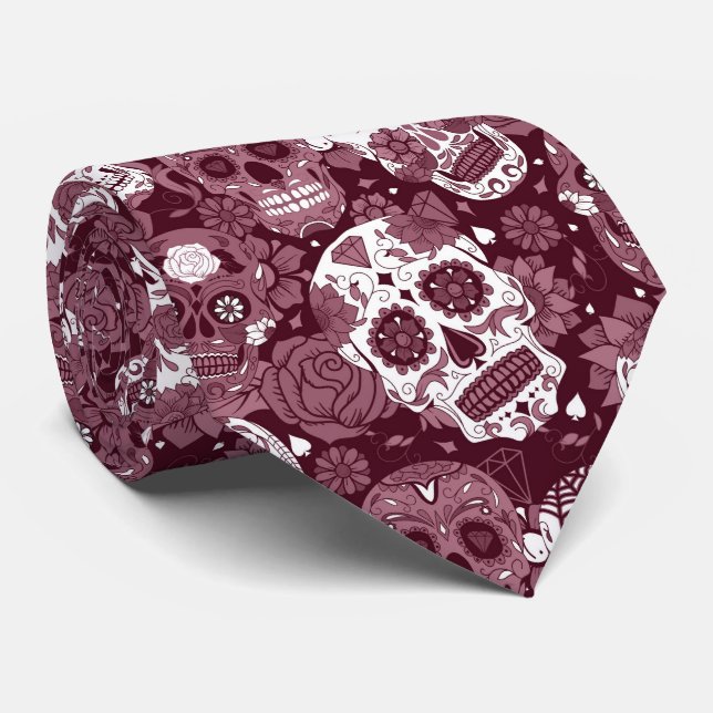wine red sugar skull floral ornamental pattern tie (Rolled)