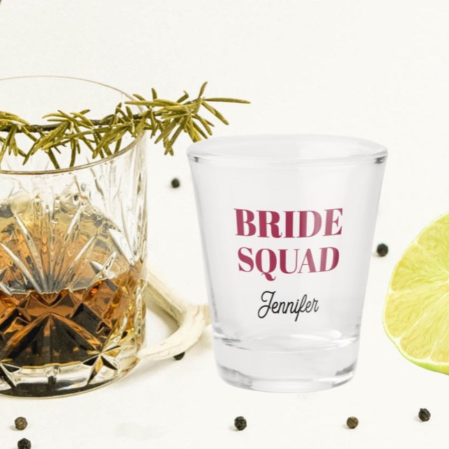 Wine Red Wedding Bride Squad Personalized Shot Glass (In Situ)