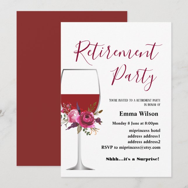 wine, retirement invitation, for woman invitation (Front/Back)