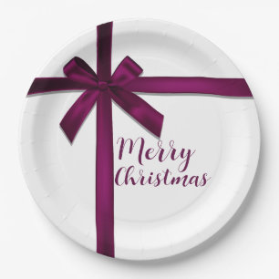 Wine Satin Ribbon Bow Christmas Holiday Party Paper Plate