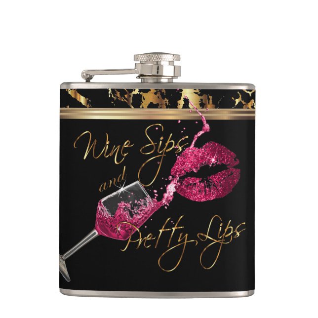 Wine Sips and Pretty Pink Lips Hip Flask (Front)