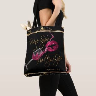 Wine Sips and Pretty Pink Lips - Marble Tote Bag