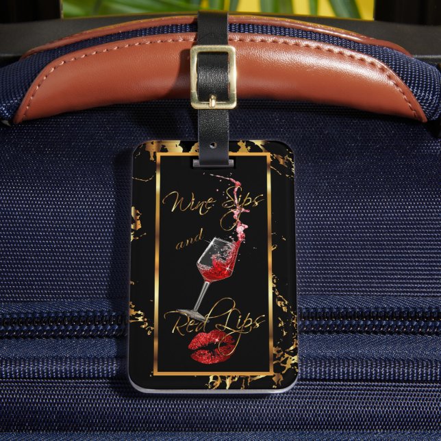 Wine Sips 🍷 and Red Glitter Lips 👄 Luggage Tag (Front Insitu 2)