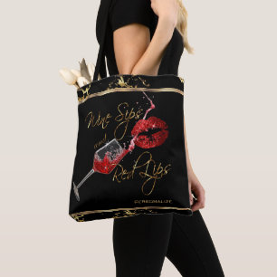 Wine Sips and Red Lips - Marble Tote Bag