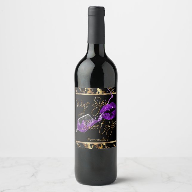 Wine Sips 🍷 and Sweet Lips -  Purple - Marble Wine Label (Front)