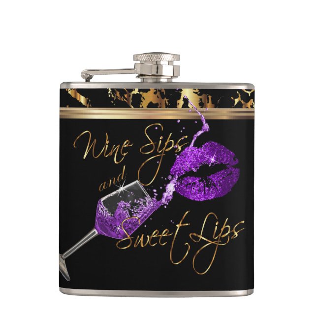 Wine Sips and Sweet Purple Lips Hip Flask (Front)