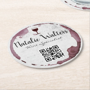 Wine Stain (wine glass)   QR Code Round Paper Coaster