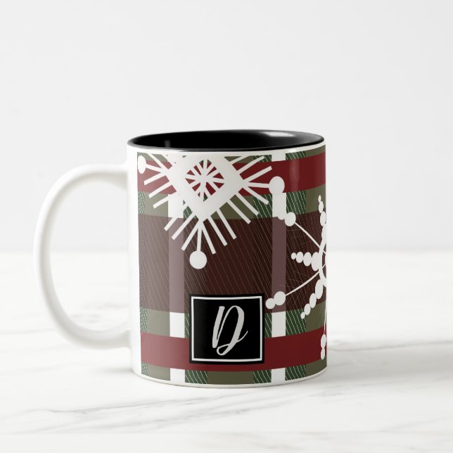 Wine Sweater Plaid Initial Snowflake Christmas Two-Tone Coffee Mug (Left)
