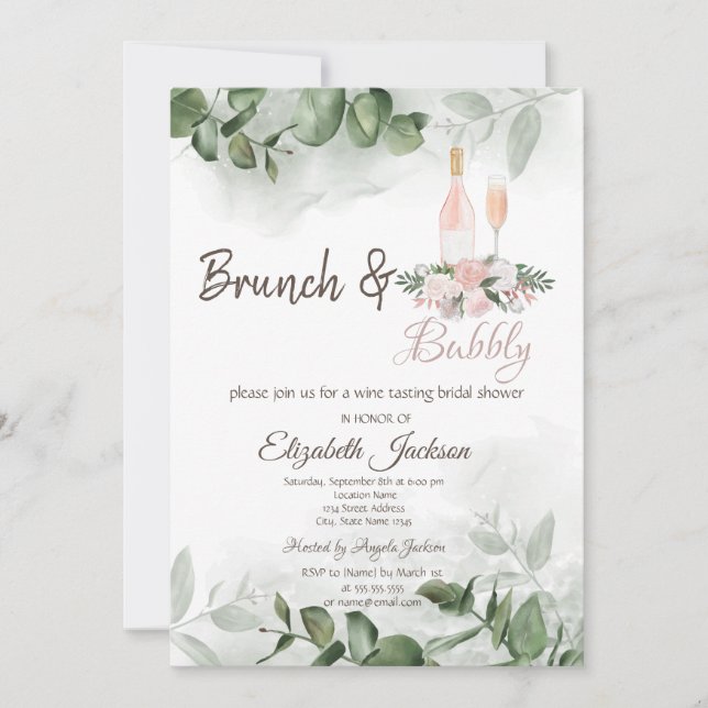 Wine Taste Eucalyptus Greenery Brunch & Bubbly Invitation (Front)