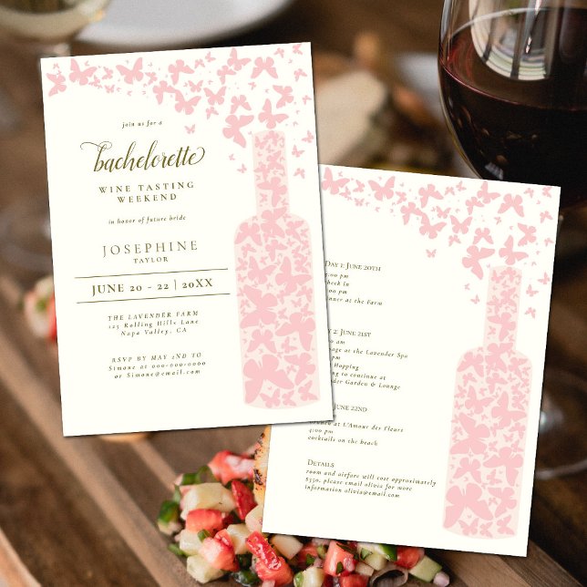 Wine Tasting Bachelorette Weekend Butterflies Pink Invitation (Creator Uploaded)