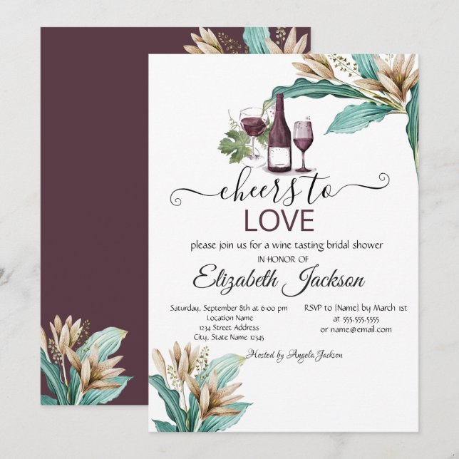 Wine Tasting Burgundy Flowers Bridal Shower   Invitation (Front/Back)