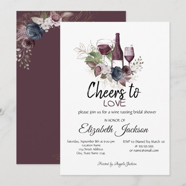 Wine Tasting Burgundy Flowers Bridal Shower Invitation (Front/Back)