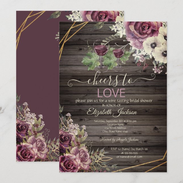 Wine Tasting Burgundy Flowers Wood Bridal Shower Invitation (Front/Back)