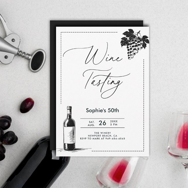 Wine Tasting Winery Modern Simple BW 50th Birthday Invitation (wine tasting party 50th birthday invitations for women winery trip modern minimalist elegant chic)