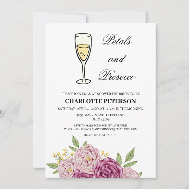Wine Themed Petals and Prosecco Bridal Shower Invitation (Front)
