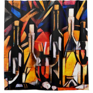 Wine themes in the style of cubism. Bottles, glass