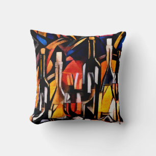 Wine themes in the style of cubism. Bottles, glass Throw Pillow