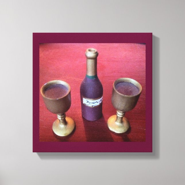 Wine Time Whimsical Wine Bottle and Goblets Canvas Print (Front)