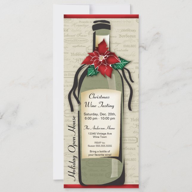 Wine Varietal and Whimsical Bottle Holiday Party Invitation (Front)